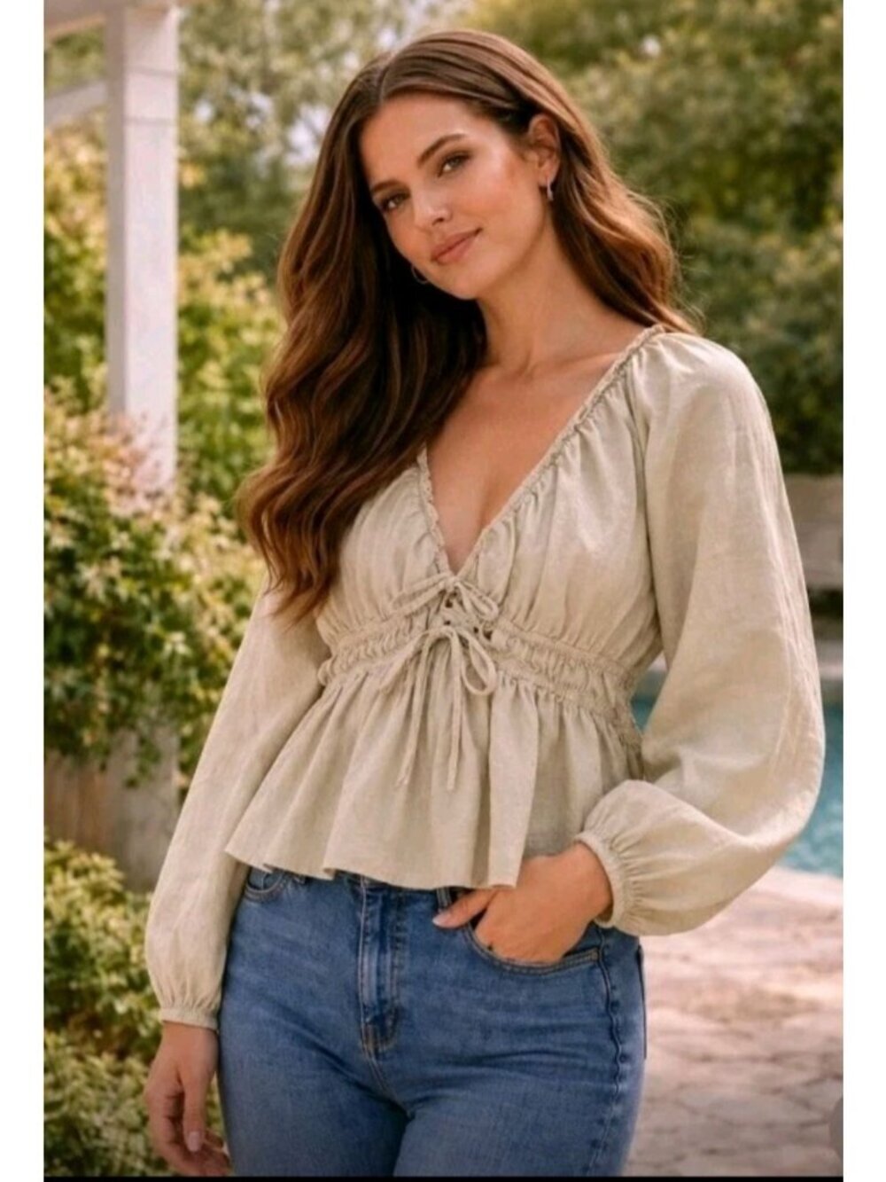 Universal Thread Womens Babydoll Blouse Linen Blend Cropped Puff Sleeve Sz Large